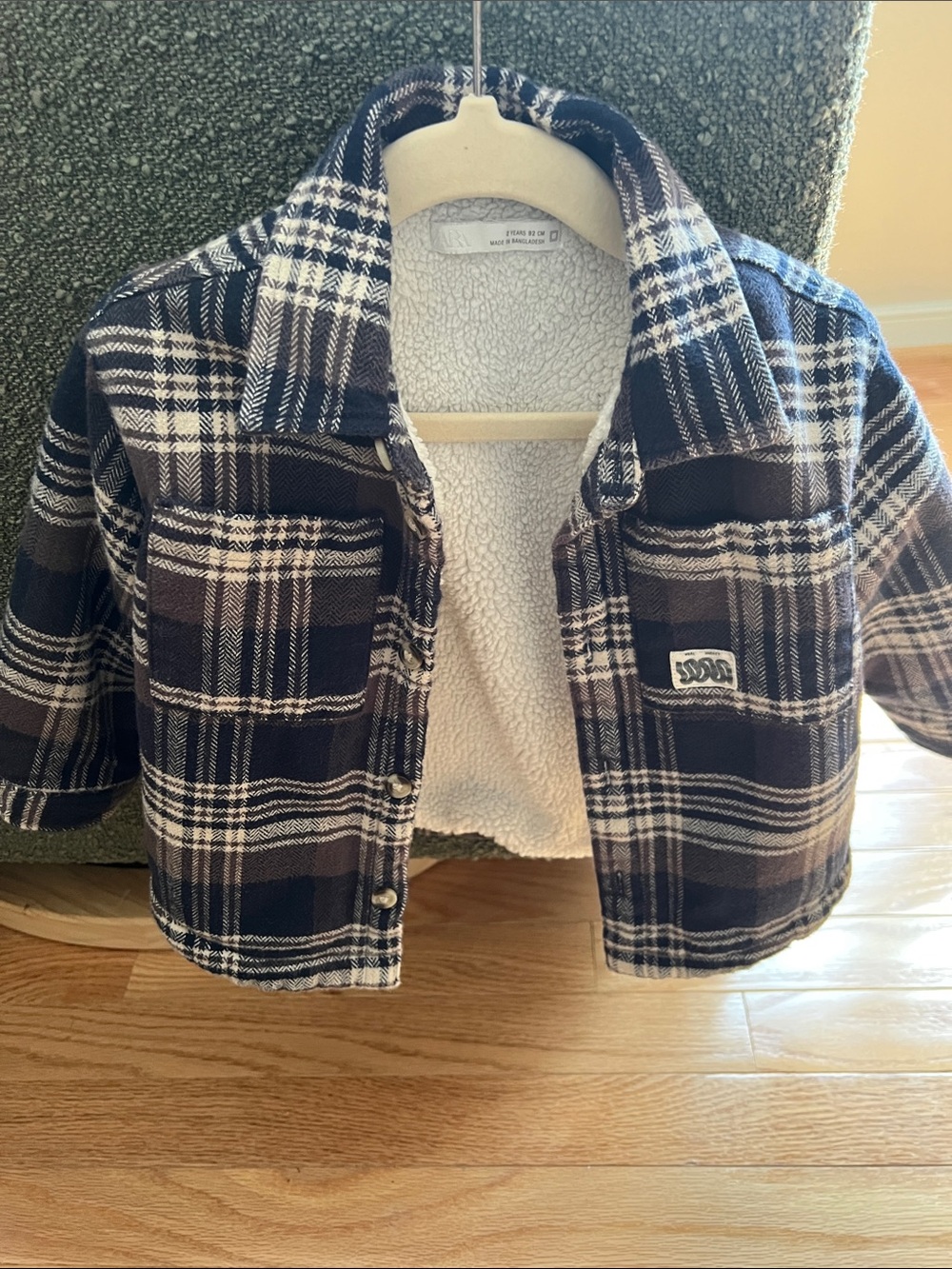 Zara Kids Navy & White Plaid Sherpa-Lined Jacket